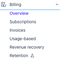 Stripe’s Billing navigation expanded, with Overview selected.